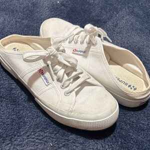 Superga White Canvas Slip-On Lace-Up Mule Sneakers